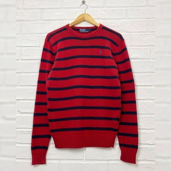 POLO RALPH LAUREN Men's Striped Crewneck Sweater Red Navy M Cotton Classic - Picture 6 of 10